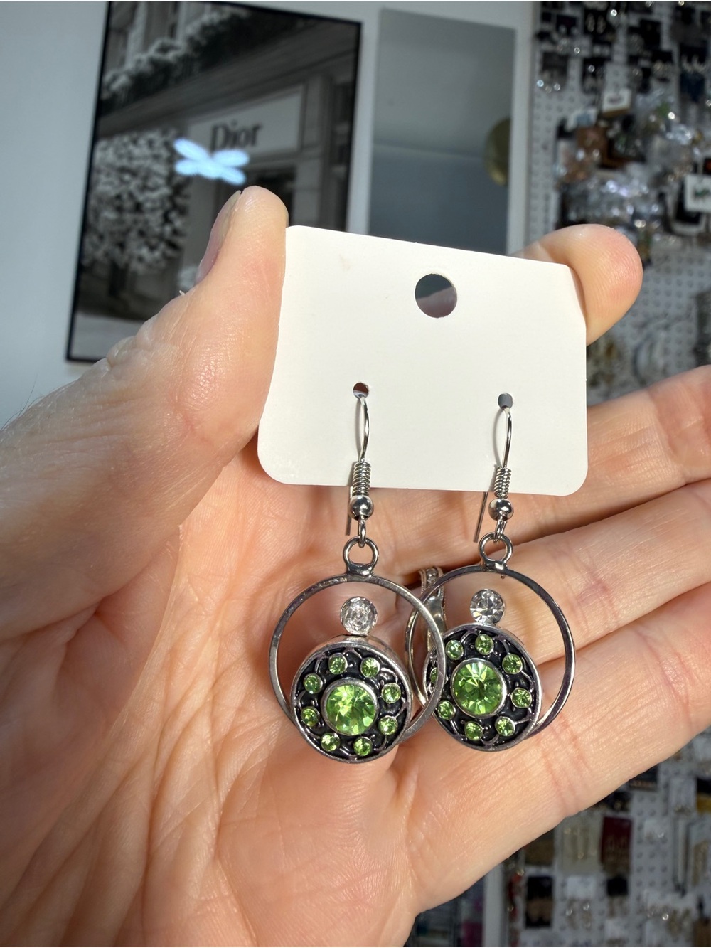 Silver Drop Earrings with Green Crystal Accents